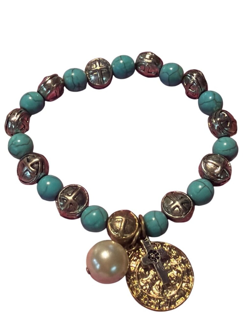 Silver Gold Tone Turquoise Bead Stretch Bracelet Hammered Dangle Cross Adj